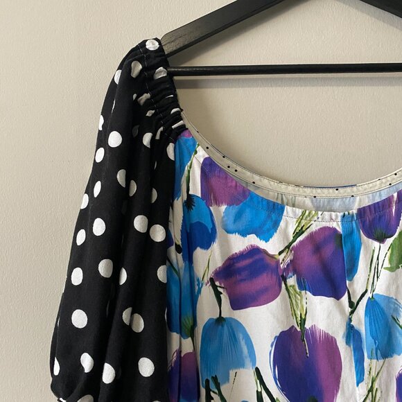 Handmade Plus Size Cotton Blue Floral Black White Polka Dot Dress - Picture 8 of 14